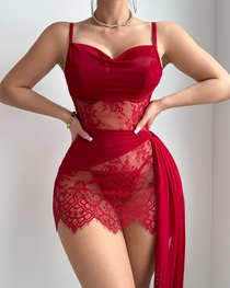 Sexy Sheer Mesh Lace Trim Strappy Lingerie Nightdress