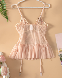 Plus Size Pink Rose Embroidered Sheer Mesh Babydoll Lingerie