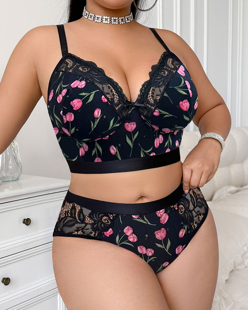 Plus Size Sexy Floral Print Lace Trim Lingerie Set