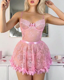 Sexy Sheer Lace Backless Ruffle-Trim Babydoll Lingerie Dress
