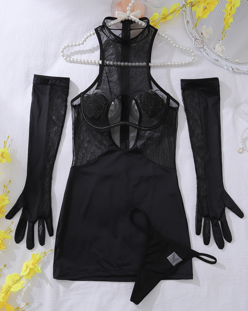 Heart Halter Neck Sleeveless Sheer Mesh Cutout Bodycon Dress