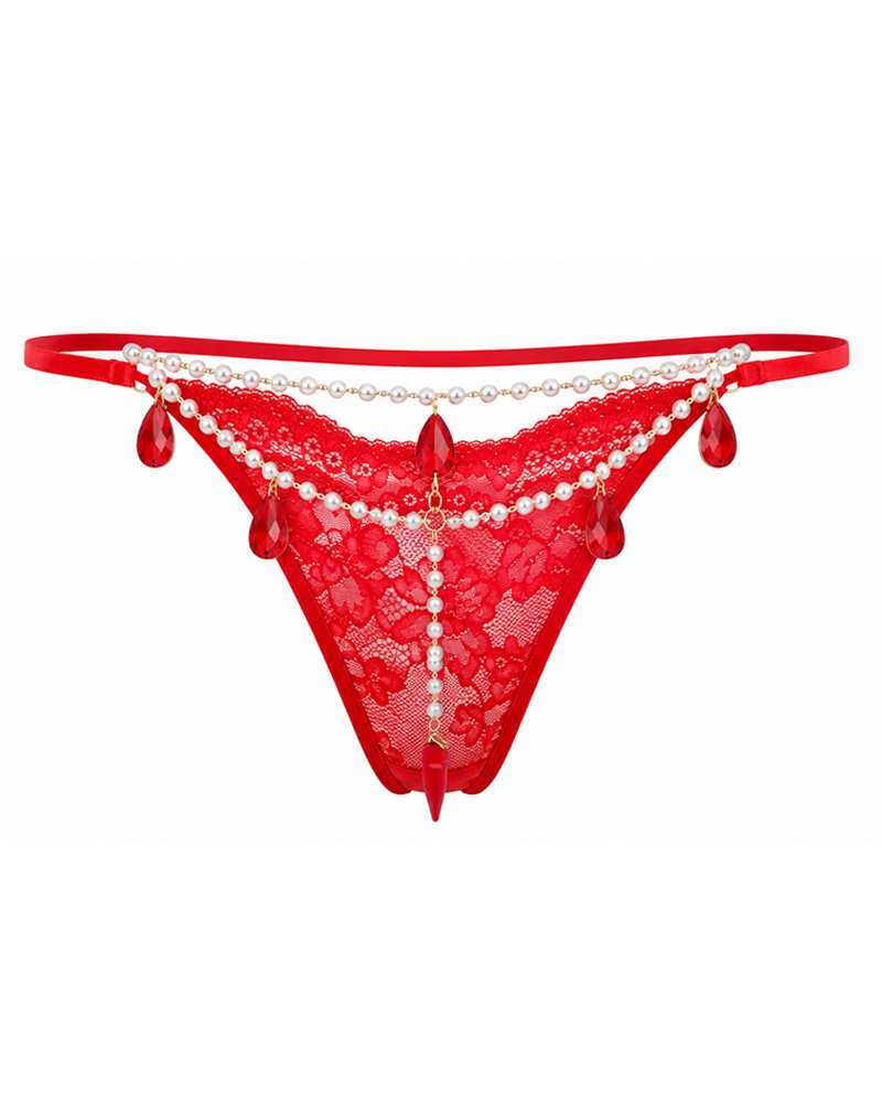 Sexy Lace Pearl Chain Red Rhinestone Thong