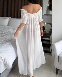 Sexy Sheer Mesh Ruffle Off-the-Shoulder Long Nightgown
