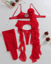 Rose Appliqué Sheer Mesh Ruffle Lingerie Set