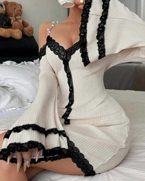 Sexy Pearl Strap Lace-Trim Long-Sleeve Babydoll Nightdress