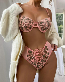 3D Rose Embroidery Strappy Lingerie Set