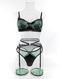 Sexy Leather & Sheer Mesh Embroidered Lingerie Set