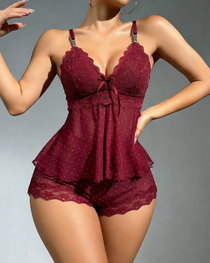 Sheer Mesh Lace Polka Dot Pajama Set