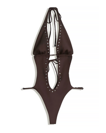 Sexy Studded Halter Deep V Cut-Out One-Piece Swimsuit