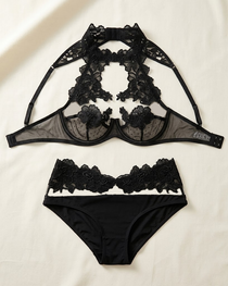 Sexy Black Rose Lace Mesh Cut-Out Halter Lingerie Set