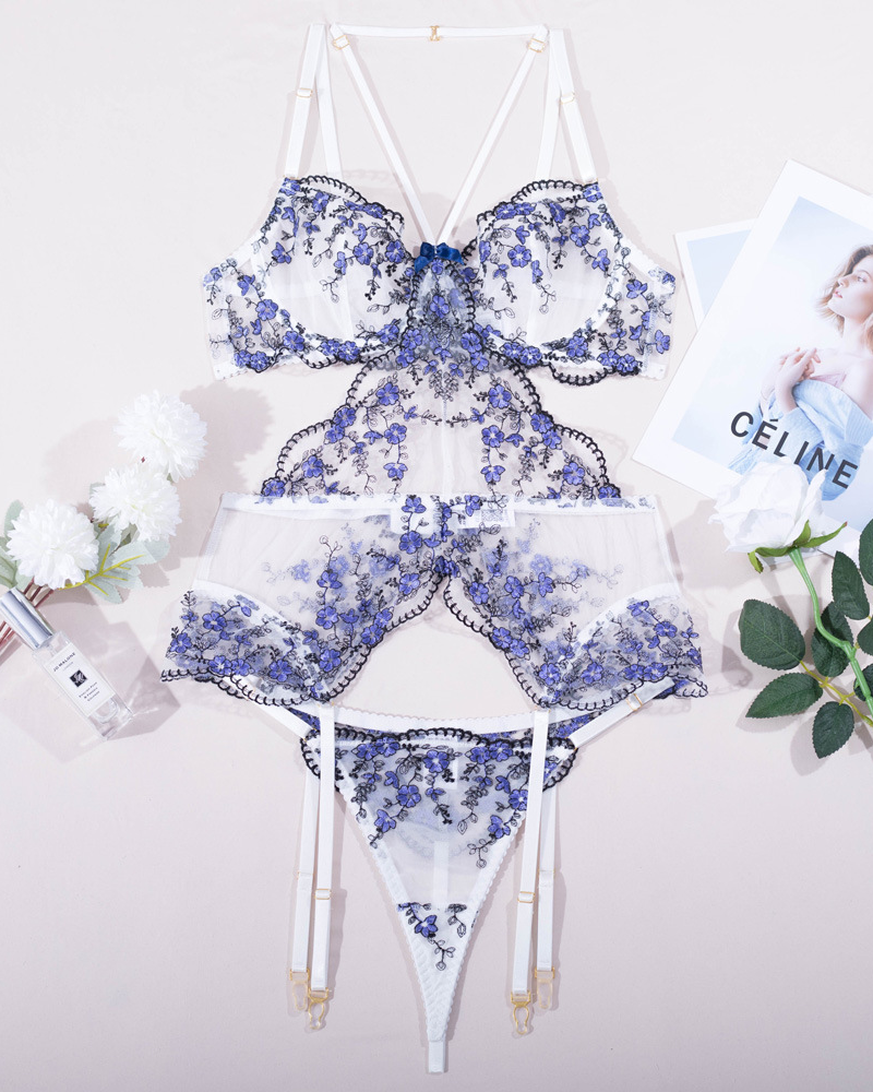 Sexy Floral Embroidered Mesh Boned Bustier Lingerie Set