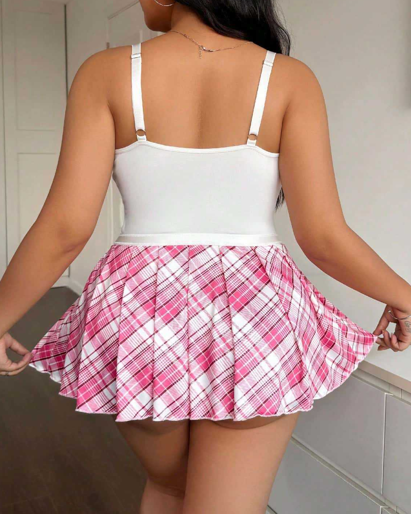 Sexy Plaid Schoolgirl-Inspired Pleated Skirt Costume Set