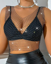 Sexy Sheer Rhinestone Fishnet Tank Top