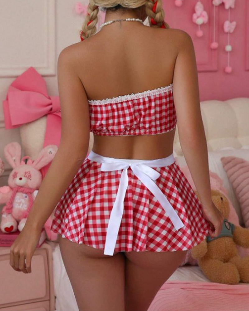 Lace-Up Bandeau Plaid Mini Skirt Lingerie Set