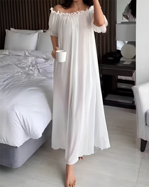 Sexy Sheer Mesh Ruffle Off-the-Shoulder Long Nightgown