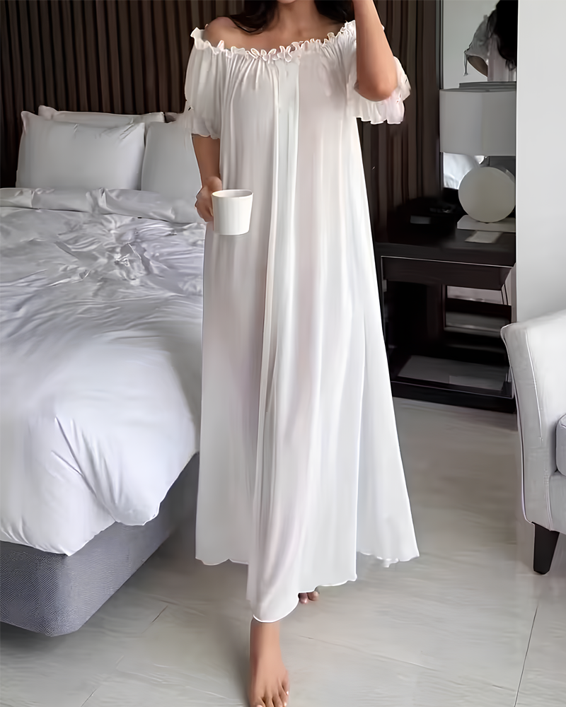 Sexy Sheer Mesh Ruffle Off-the-Shoulder Long Nightgown