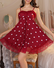 Lace-Trimmed Cotton Heart Print Lounge Nightdress