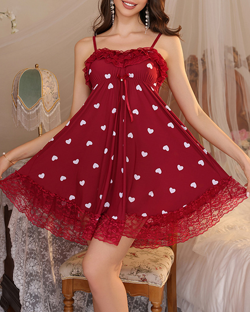 Lace-Trimmed Cotton Heart Print Lounge Nightdress