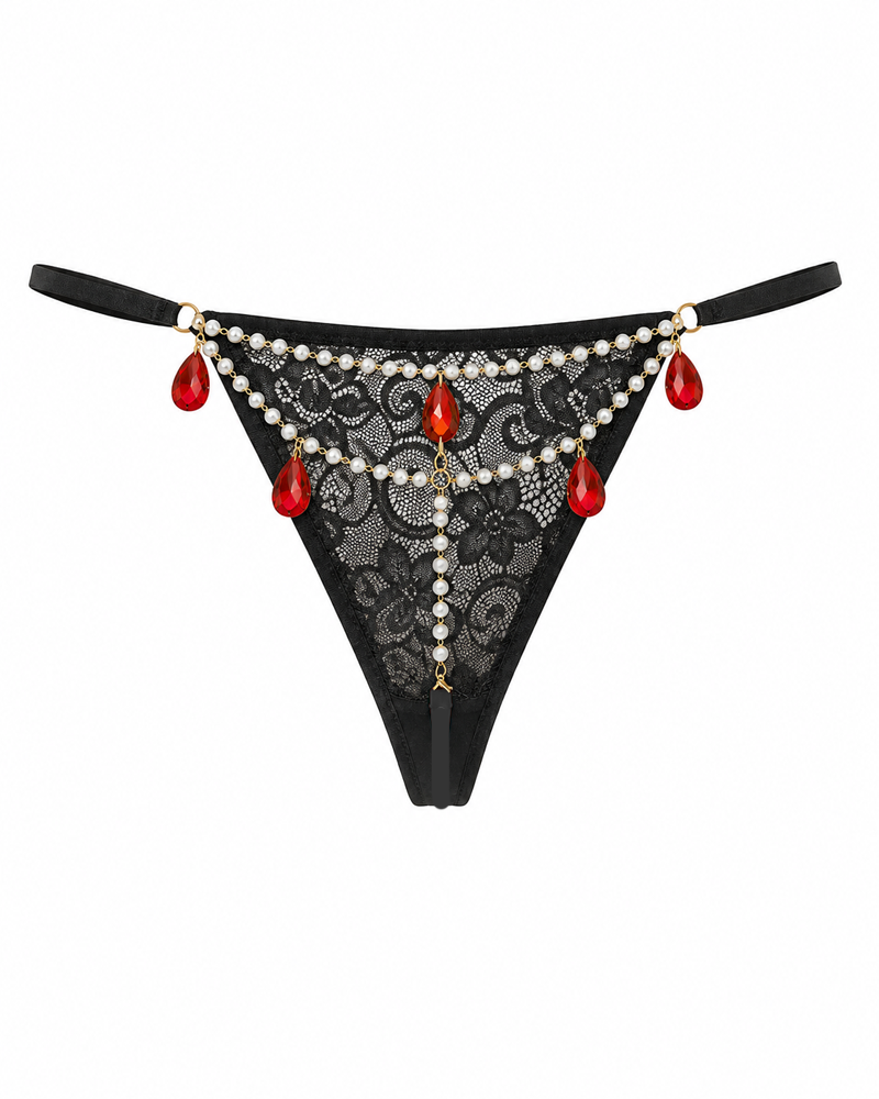 Sexy Lace Pearl Chain Red Rhinestone Thong