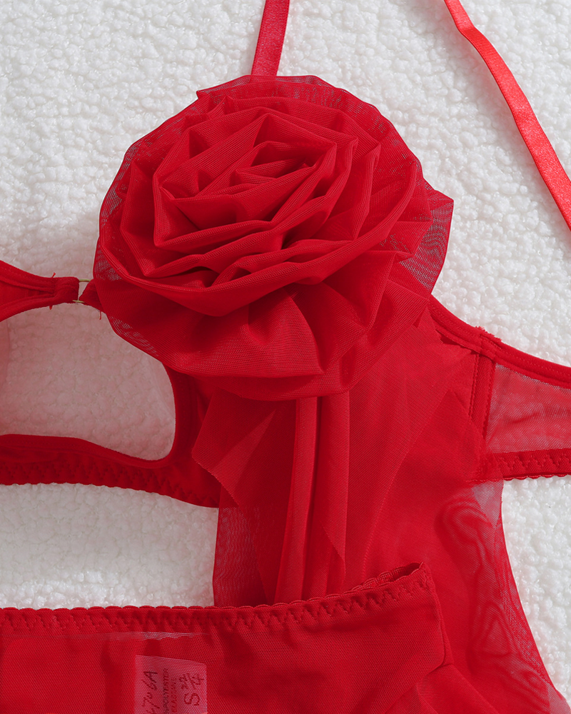 Rose Appliqué Sheer Mesh Ruffle Lingerie Set