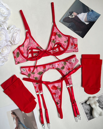 Sexy Red Floral Mesh Lingerie Set
