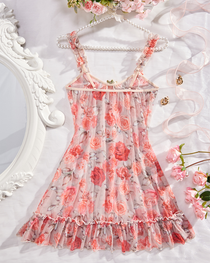 Sexy Rose Print Sheer Mesh Lounge Nightdress