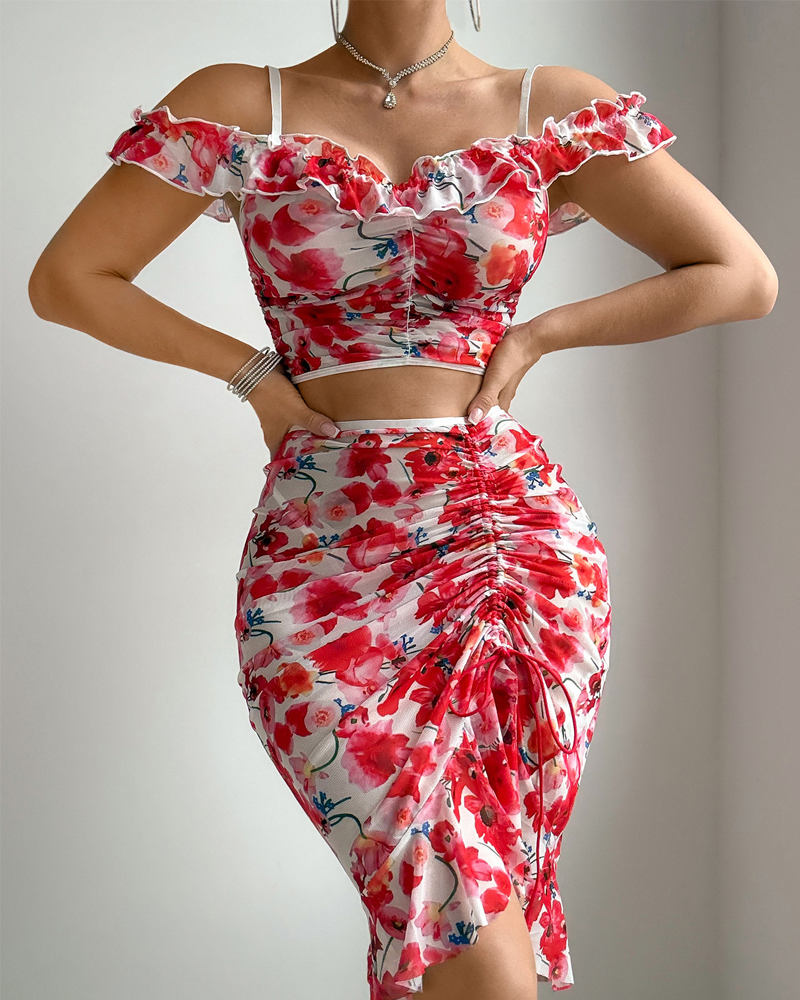 Sexy Floral Print Bodycon Sheer Maxi Skirt Set