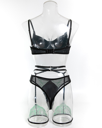 Sexy Leather & Sheer Mesh Embroidered Lingerie Set