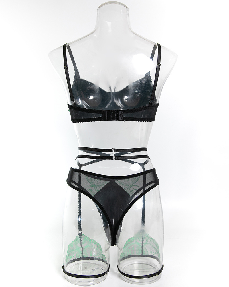 Sexy Leather & Sheer Mesh Embroidered Lingerie Set