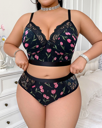 Plus Size Sexy Floral Print Lace Trim Lingerie Set