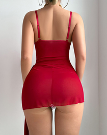 Sexy Sheer Mesh Lace Trim Strappy Lingerie Nightdress
