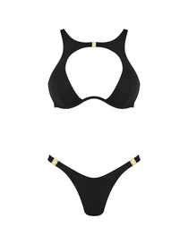 Sexy Metal Buckle Cut-Out Bikini Set with Cover-Up Skirt
