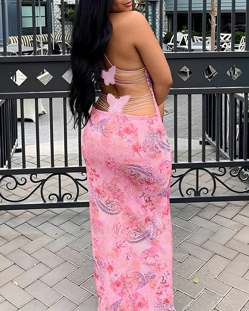 Sexy Halter Tie Backless Butterfly Detail Printed Bodycon Dress Main image