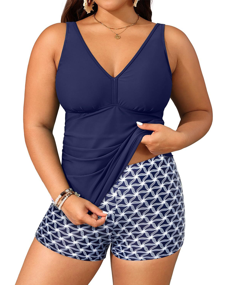 Plus Size Solid Color Two-Piece Boyshort Bikini Set