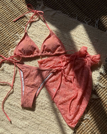 Sexy Lace Composite Fabric Mesh Bikini Set with Cover-Up Skirt