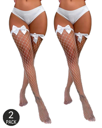 Two Packs Bow-Decorated Fishnet Thigh-High Stockings
