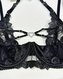 Sexy Embroidered Cutout Rhinestone Heart Halter Lingerie Set