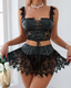 Leather Lace Patchwork Adjustable Strappy Lingerie Set