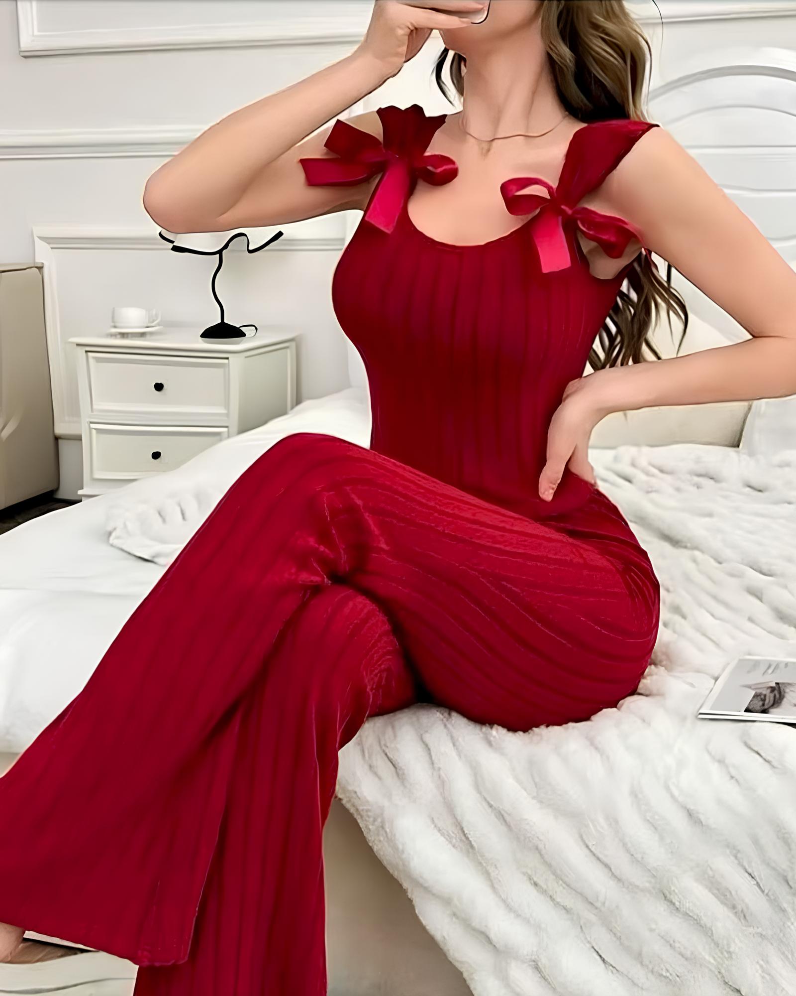 Bow Embellishment Sleeveless Vest and Long Loungewear Set Main image