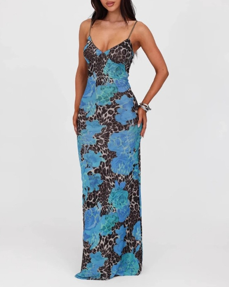 Leopard Print Contrast Color Spaghetti Strap Slim Fit Dress Main image