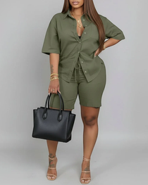 Fashion Solid Color Waist-Cinched Shirt Casual Set