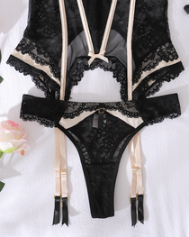 Sexy Lace & Sheer Mesh Boned Corset Lingerie Set