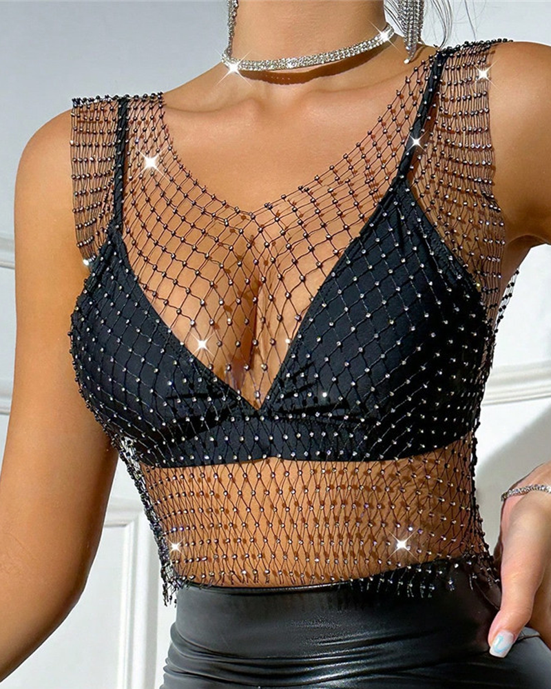 Sexy Sheer Rhinestone Fishnet Tank Top