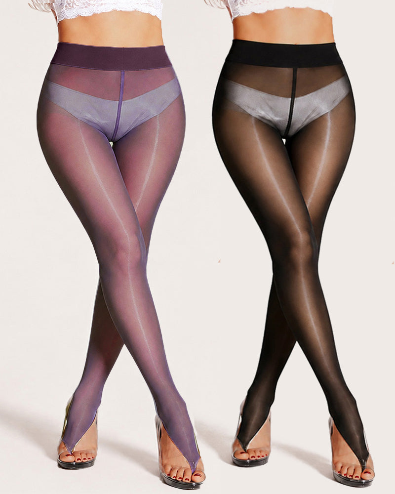 2 Pack High Waist Control Silky Shiny Transparent Toeless Pantyhose