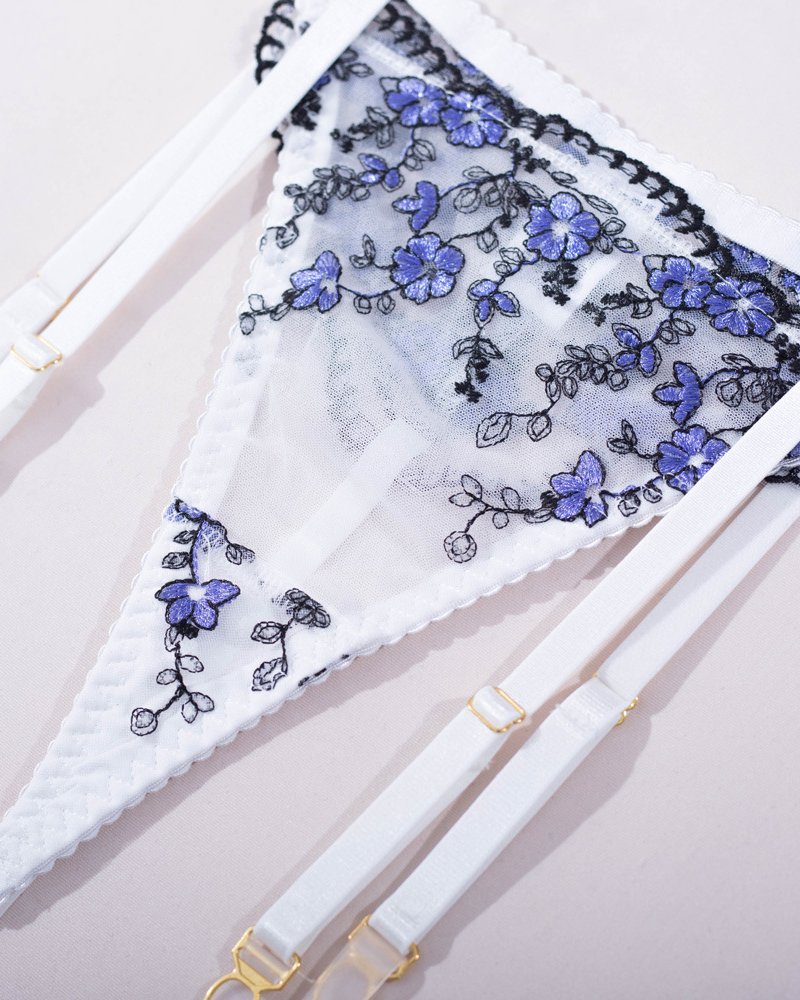 Sexy Floral Embroidered Mesh Boned Bustier Lingerie Set