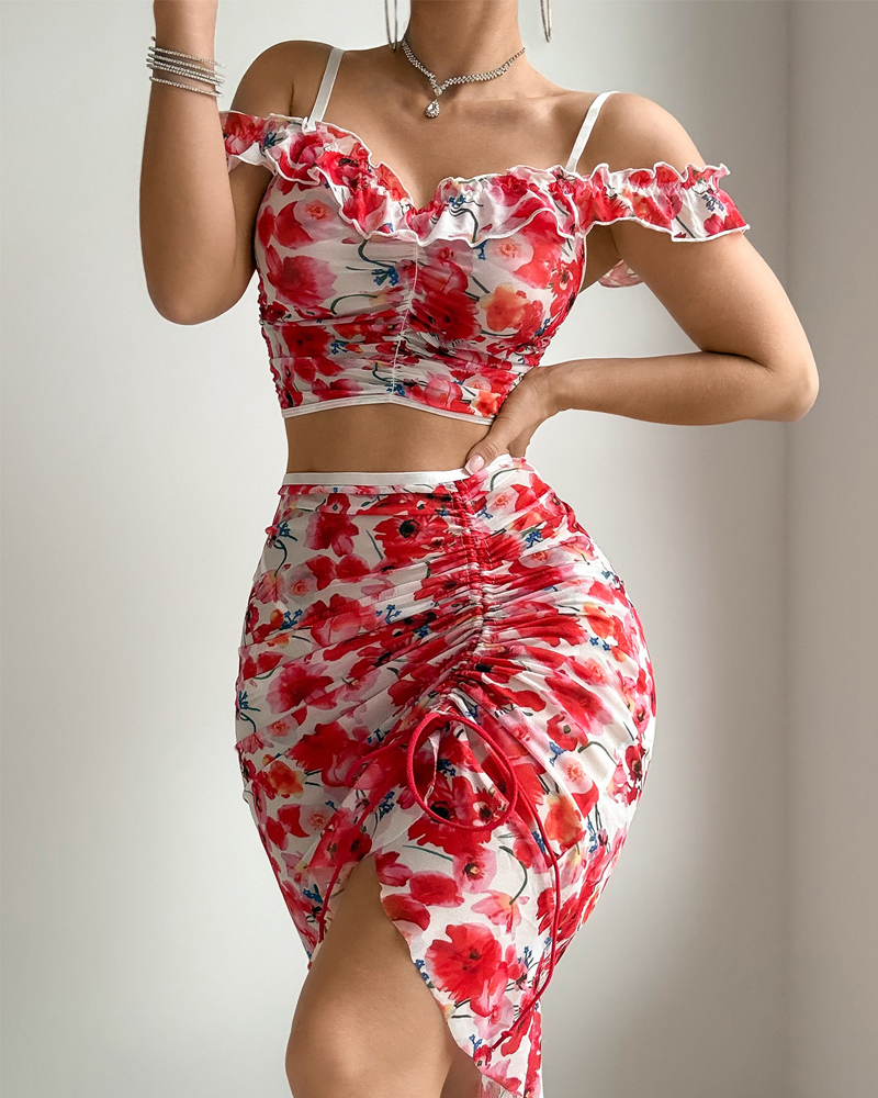 Sexy Floral Print Bodycon Sheer Maxi Skirt Set