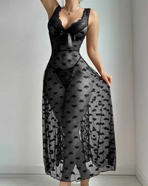 Sexy Heart Polka Dot Sheer Mesh Backless Nightdress