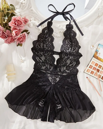 Sexy Lace Open-Crotch Halter Bodysuit