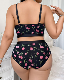 Plus Size Sexy Floral Print Lace Trim Lingerie Set