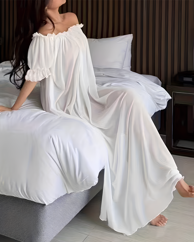 Sexy Sheer Mesh Ruffle Off-the-Shoulder Long Nightgown